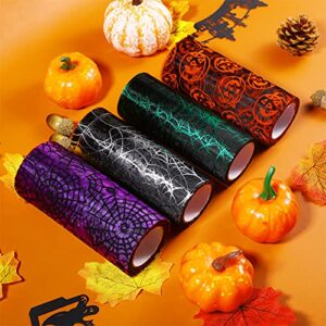 4 Rolls Halloween Glitter Tulle Roll Glitter Tulle Netting Roll Tulle Fabric Roll Orange Shimmer Color Ribbon for Halloween Decoration, 5 Inch x 10 Yards