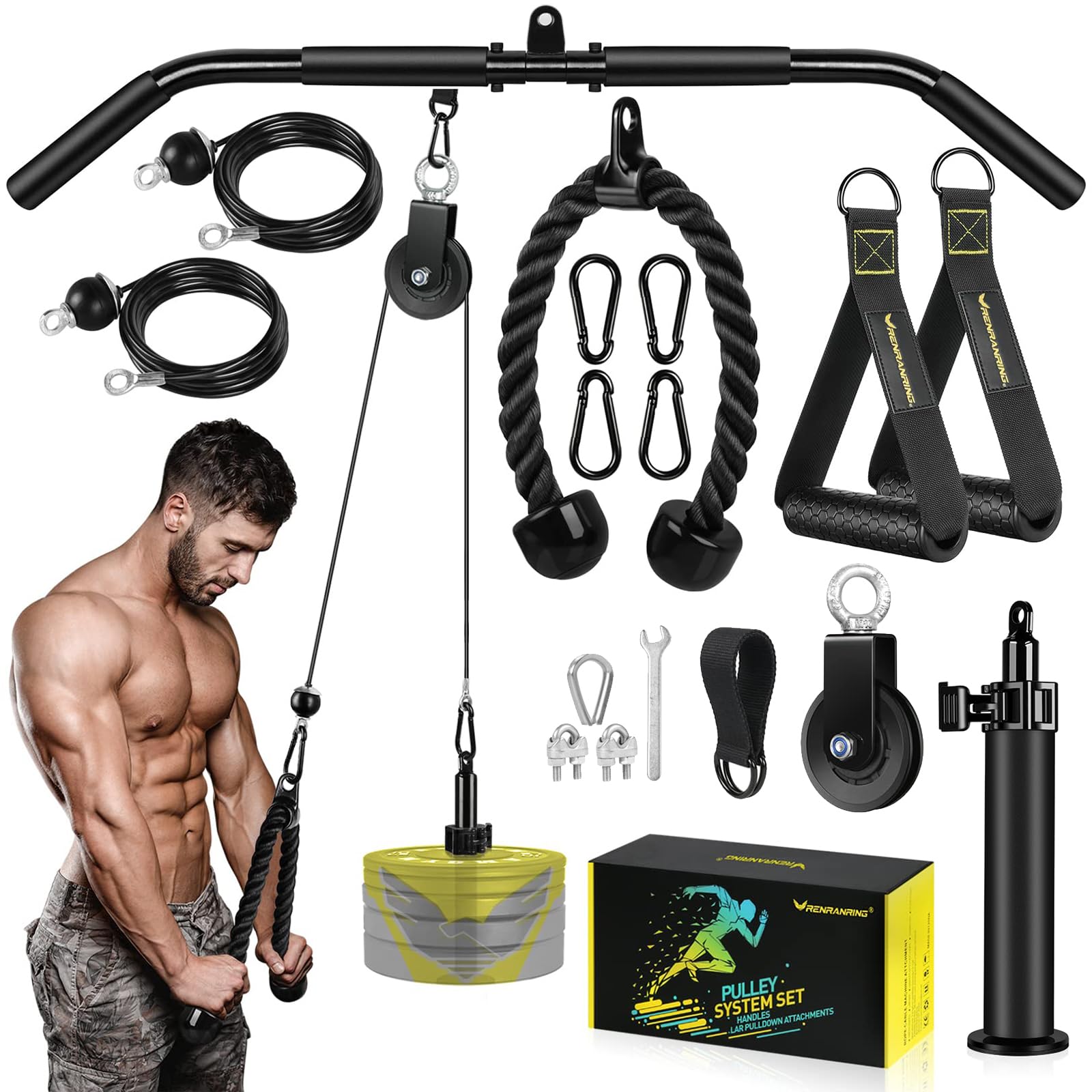 VAVOSPORT Fitness LAT and Lift Pulley System Gym - Upgraded LAT Pull Down Cable Machine Attachments, Loading Pin, Handle and Tricep Rope, for Biceps Curl, Forearm, Triceps Exercise Gym Equipment