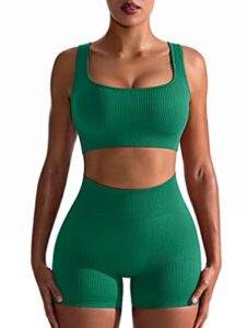 oqq women's workout 2 piece seamless ribbed high waist legging sports exercise set bra outfit, green, medium