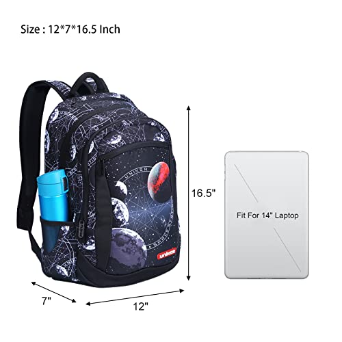 UNIKER Space School Backpack for Teen Boys,Black Backpack for School,Boys Backpack,Schoolbag for Teens,Bookbag for Middle School,16.5 Inch Laptop Backpack for 14 Inch Laptop