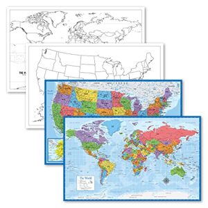palace learning 4 pack - usa & world map blank outline posters + world & usa maps [blue ocean] (laminated, 18" x 29")