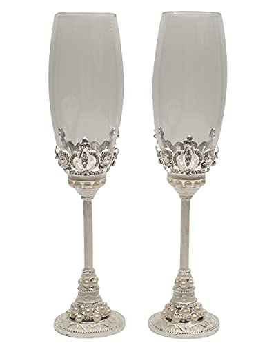 Lassos Boutique Silver Ivory Pearl Crystal Champagne Toasting Flutes, Set of 2