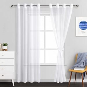 jiuzhen white sheer curtains 84 inches long - grommet semi transparent light filtering window drapes for bedroom living room, 52wx 84l, set of 2 with tiebacks