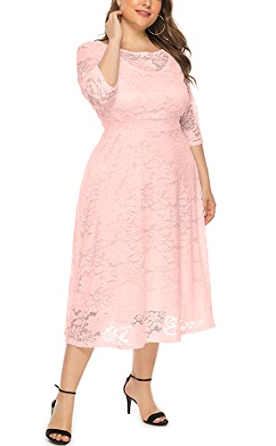 Eternatastic Womens Scooped Neckline Floral lace Top Plus Size Cocktail Party Midi Dress 3XL Pink