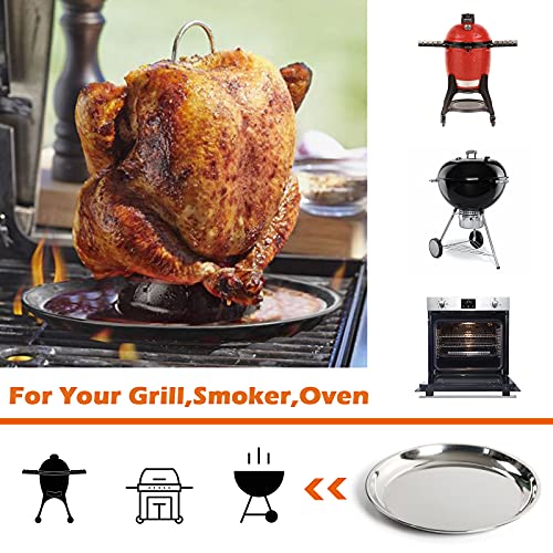 14 In Stainless Steel Roasting Pan, Stainless Steel Heavy Duty Kitchenware Round Roaster Pan Large XLarge Big Green Egg Drip Pan for Turkey Baking,Roast Chicken,Brushed Surface & Dishwasher Safe