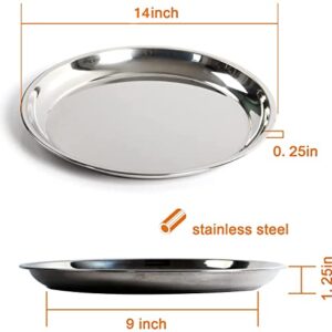 14 In Stainless Steel Roasting Pan, Stainless Steel Heavy Duty Kitchenware Round Roaster Pan Large XLarge Big Green Egg Drip Pan for Turkey Baking,Roast Chicken,Brushed Surface & Dishwasher Safe