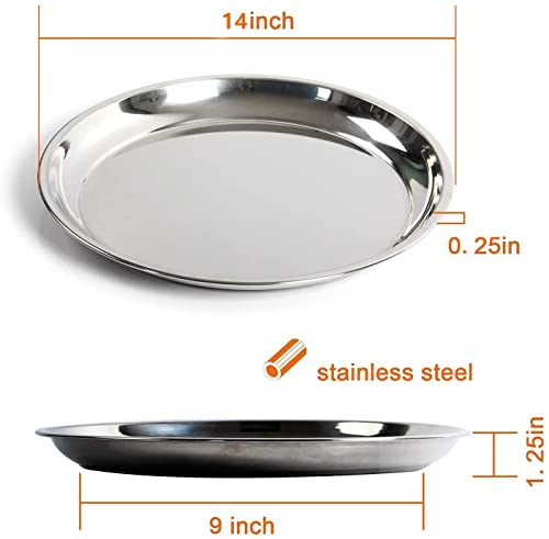 14 In Stainless Steel Roasting Pan, Stainless Steel Heavy Duty Kitchenware Round Roaster Pan Large XLarge Big Green Egg Drip Pan for Turkey Baking,Roast Chicken,Brushed Surface & Dishwasher Safe