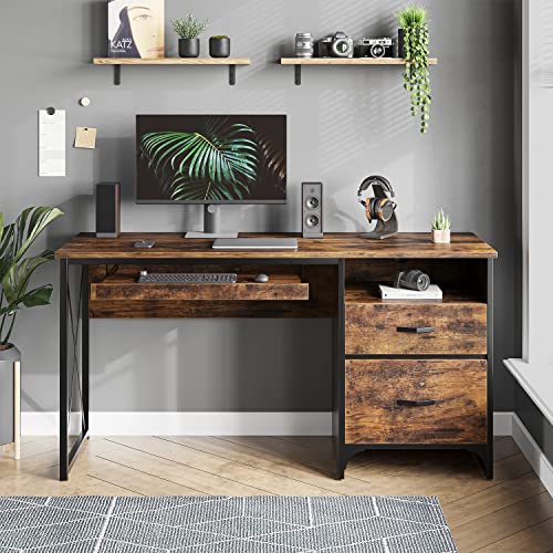 Bestier Office Desk with Drawers, 55 inch Industrial Computer Desk with Storage, Wood Teacher Desk with Keyboard Tray & File Drawer for Home Office, Rustic Brown