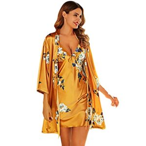 shymay women's satin pajamas set floral robe and night dress 2pcs sleepwear nightgown set (yellow, small)
