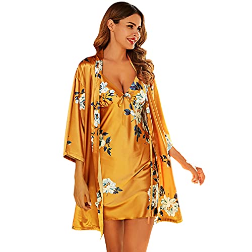 Shymay Women's Satin Pajamas Set Floral Robe and Night Dress 2Pcs Sleepwear Nightgown Set (Yellow, Small)