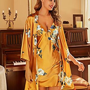 Shymay Women's Satin Pajamas Set Floral Robe and Night Dress 2Pcs Sleepwear Nightgown Set (Yellow, Small)