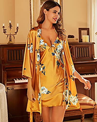 Shymay Women's Satin Pajamas Set Floral Robe and Night Dress 2Pcs Sleepwear Nightgown Set (Yellow, Small)