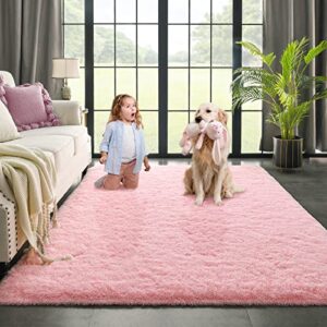 kimicole baby pink area rug for bedroom living room carpet home decor, upgraded 4x5.9 cute fluffy rug for apartment dorm room essentials for teen girls kids, shag nursery rugs for room decorations