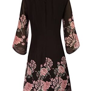 Women 3/4 Sleeve Loose Chiffon Dress Shift Dress Midi Black-Pink Flower-2 XL