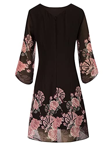 Women 3/4 Sleeve Loose Chiffon Dress Shift Dress Midi Black-Pink Flower-2 XL