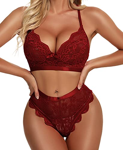 KYLELOVE Negligee Lingerie Set Sleepwear Set Lace Bra and Panty Set Wine Red