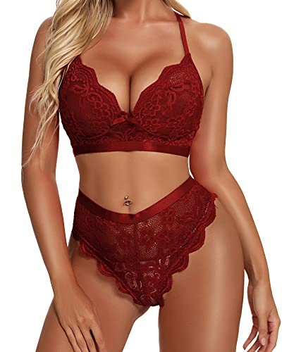 KYLELOVE Negligee Lingerie Set Sleepwear Set Lace Bra and Panty Set Wine Red