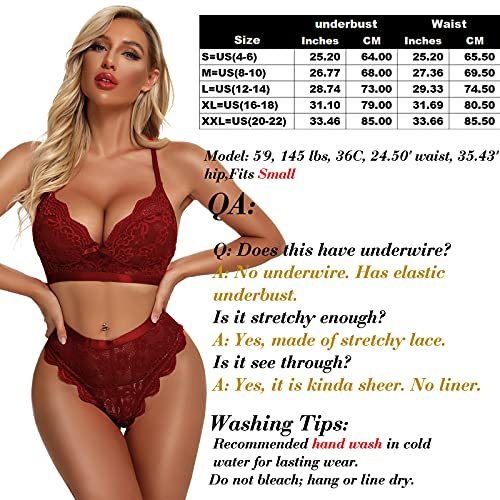 KYLELOVE Negligee Lingerie Set Sleepwear Set Lace Bra and Panty Set Wine Red