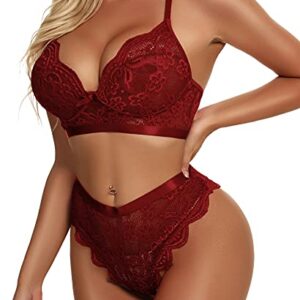 KYLELOVE Negligee Lingerie Set Sleepwear Set Lace Bra and Panty Set Wine Red