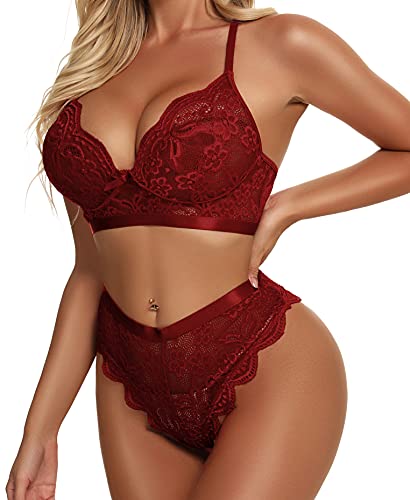 KYLELOVE Negligee Lingerie Set Sleepwear Set Lace Bra and Panty Set Wine Red