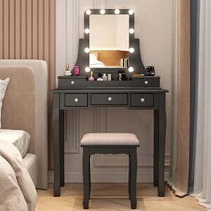 vanity desk with mirror and lights,makeup vanity with lights makeup dressing table vanity table with lights 10 bulbs and 5 drawers,detachable top and 360 rotation mirror,modern dresser desk (black)