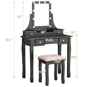 Vanity Desk with Mirror and Lights,Makeup Vanity with Lights Makeup Dressing Table Vanity Table with Lights 10 Bulbs and 5 Drawers,Detachable Top and 360 Rotation Mirror,Modern Dresser Desk (Black)