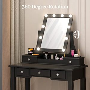 Vanity Desk with Mirror and Lights,Makeup Vanity with Lights Makeup Dressing Table Vanity Table with Lights 10 Bulbs and 5 Drawers,Detachable Top and 360 Rotation Mirror,Modern Dresser Desk (Black)