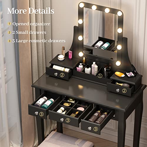 Vanity Desk with Mirror and Lights,Makeup Vanity with Lights Makeup Dressing Table Vanity Table with Lights 10 Bulbs and 5 Drawers,Detachable Top and 360 Rotation Mirror,Modern Dresser Desk (Black)