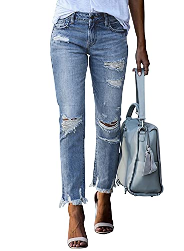 Dokotoo Womens Distressed Raw Hem Washed Jeans Ripped Slim Fit Boyfriend Denim Pants Sky Blue Small