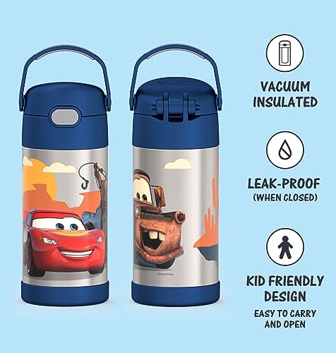 THERMOS FUNTAINER 12 Ounce Stainless Steel Vacuum Insulated Kids Straw Bottle, Cars