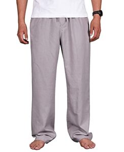 men's drawstring loose linen beach pants lightweight elastic waist yoga lounge cotton trousers pajamas (grey, large)