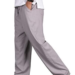 Men's Drawstring Loose Linen Beach Pants Lightweight Elastic Waist Yoga Lounge Cotton Trousers Pajamas (Grey, Large)