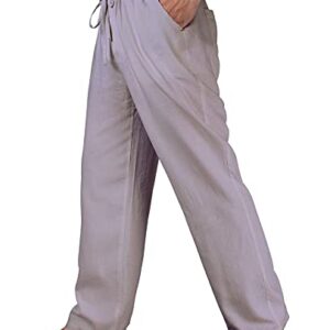 Men's Drawstring Loose Linen Beach Pants Lightweight Elastic Waist Yoga Lounge Cotton Trousers Pajamas (Grey, Large)