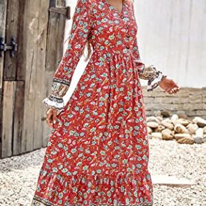 PRETTYGARDEN Women's Long Sleeve Floral Dress - V-Neck Casual Boho Fall Long Maxi Dresses for Wedding Guest (Red,Medium)