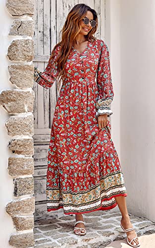 PRETTYGARDEN Women's Long Sleeve Floral Dress - V-Neck Casual Boho Fall Long Maxi Dresses for Wedding Guest (Red,Medium)