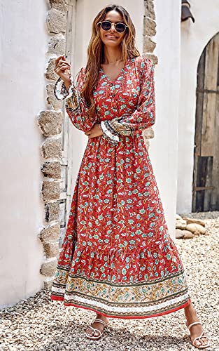 PRETTYGARDEN Women's Long Sleeve Floral Dress - V-Neck Casual Boho Fall Long Maxi Dresses for Wedding Guest (Red,Medium)