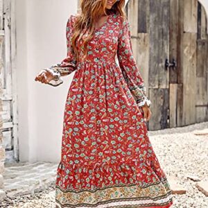 PRETTYGARDEN Women's Long Sleeve Floral Dress - V-Neck Casual Boho Fall Long Maxi Dresses for Wedding Guest (Red,Medium)