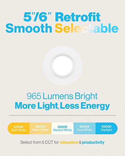 Sunco 12 Pack LED Recessed Lighting 6 Inch, Selectable 2700K/3000K/3500K/4000K/5000K, Dimmable Can Lights, Smooth Trim, 13W=120W, 965 LM, Damp Rated, Retrofit Installation - UL Energy Star Listed