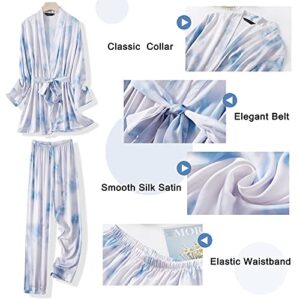 Arwser Women's Silk Satin Pajamas Set 4 Pcs Sleepwear Cami Top Pjs with Shorts and Robe White