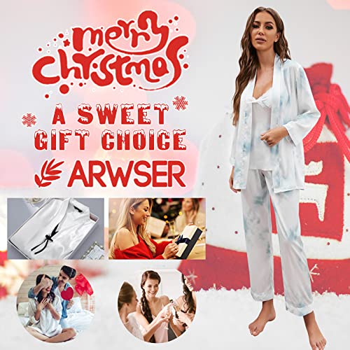 Arwser Women's Silk Satin Pajamas Set 4 Pcs Sleepwear Cami Top Pjs with Shorts and Robe White