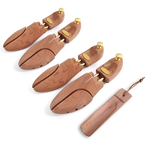 CONSDAN Cedar Shoe Trees For Men Women | USA Grown Cedar Wood, Adjustable Wood Shoe Tree, Crease Protector, Small, 2 Pairs