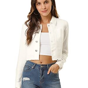 Allegra K Women's Jean Jacket Frayed Button Up Washed Cropped Denim Jacket Medium White