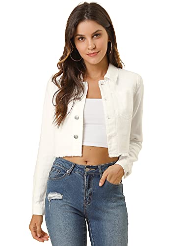 Allegra K Women's Jean Jacket Frayed Button Up Washed Cropped Denim Jacket Medium White