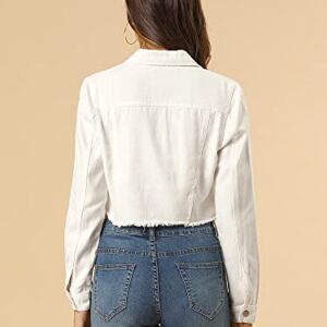 Allegra K Women's Jean Jacket Frayed Button Up Washed Cropped Denim Jacket Medium White