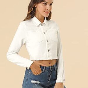 Allegra K Women's Jean Jacket Frayed Button Up Washed Cropped Denim Jacket Medium White