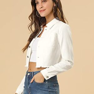 Allegra K Women's Jean Jacket Frayed Button Up Washed Cropped Denim Jacket Medium White