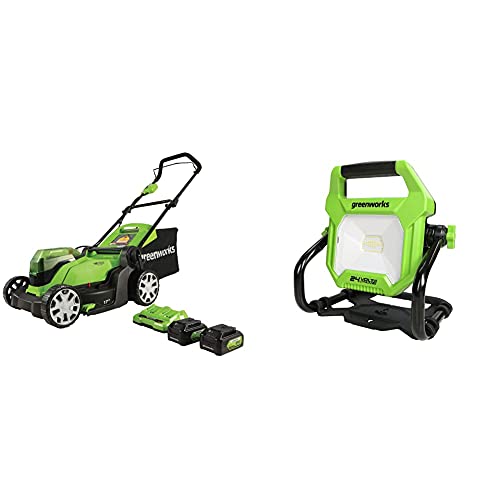 Greenworks 2X 24V 17-Inch Cordless Push Lawn Mower and 24V LED Work Light Combo Kit, 2x4Ah USB Batteries and Charger Included