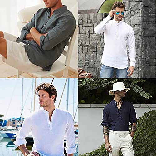 Enlision Beige Casual Henley Shirts for Men Summer Beach Long Sleeve Cotton Linen Hippie Shirt Hawaiian Tropical Button Down Yoga Top Shirt Khaki