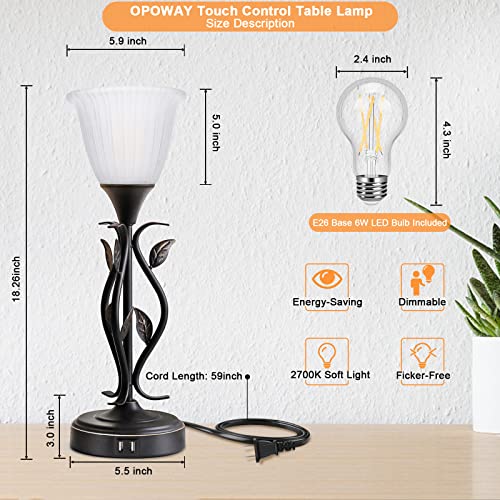 Opoway Set of 2 Touch Control Table Lamps, 3-Way Dimmable Torchiere Bedside Lamps with Dual USB Charging Ports, Leaf Body and Glass Shade Retro Lamps for Living Room, Bedroom, LED Bulb Included