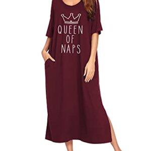 Ekouaer Women Long Nightgown Soft Short Sleeve O Neck Sleepwear Plus Size Night Shirt Nightshirt Wine Red XXXL